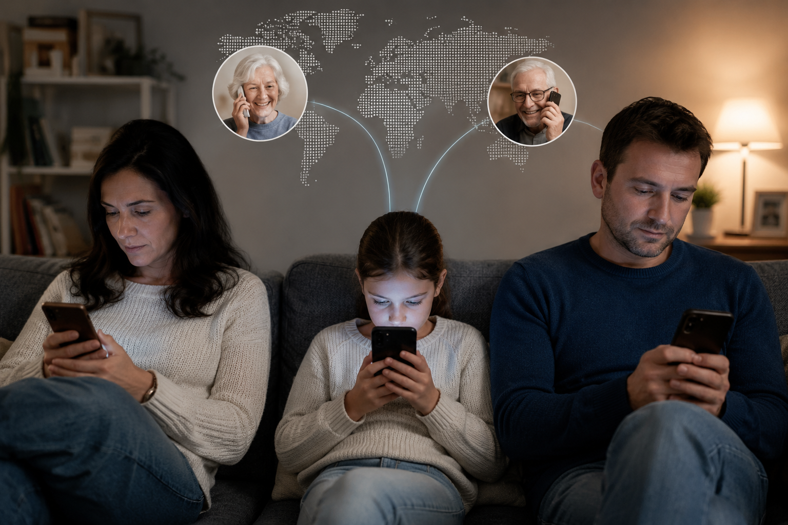 Ce photomontage réalisé par intelligence artificielle ChatGPT, modèle DALL-E montre trois personnes, une mère, un père et leur fille au centre le nez sur leur smarthphone. La fille est en train de communiquer avec ses grands-parents. Le but est d'illustrer l'économie de l'attention. 