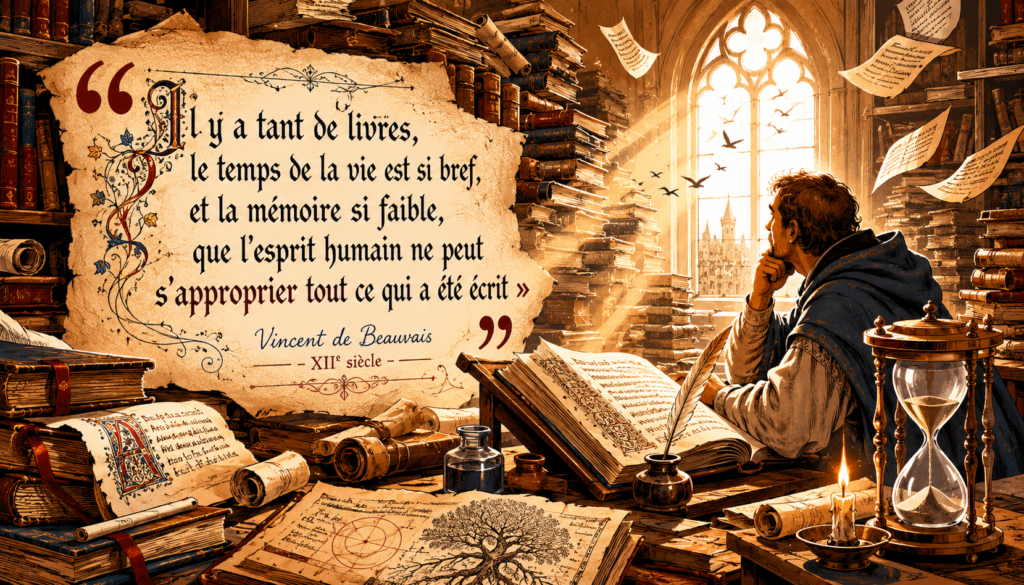 Cette Illustration générée par intelligence artificielle ChatGPT, modèle GPT-Image 2026 montre un homme assis devant un grand livre ouvert, au soin d'une bibliothèque avec des pages qui volent. Il réfléchit en regardant une citation de Vincent de Beauvais du XIIe siècle. Elle image la tournure prise par la surcharge informationnelle liée aux livres. 