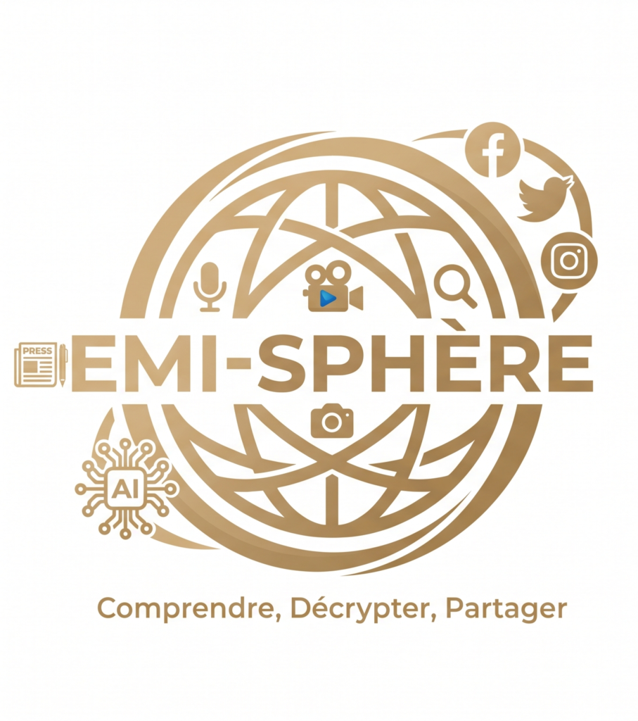 Cette image représente le logo de notre équipe EMI-Sphère dans le cadre de la réalisation de ce projet sur la surcharge informationnelle. Elle montre de multiples sphères entremêlées, encadrées par des icônes des réseaux sociaux, un micro, une caméra, une loupe, un journal, un appareil photo et un processeur avec l'inscription "AI". Le slogan est "Comprendre, Décrypter, Partager". 