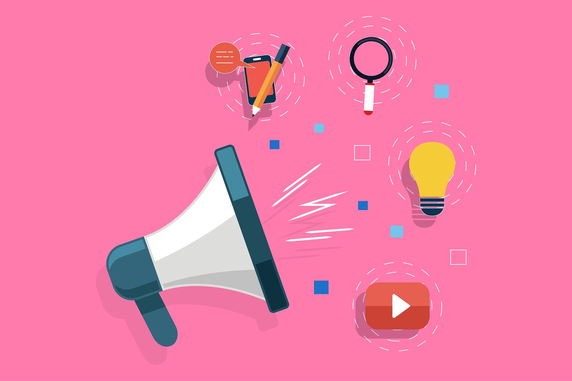 Cette photo Pixabay, Mudassar Iqbal, montre un mégaphone duquel sort un smarthphone surplombé d'un crayon, une loupe, une ampoule (idée) et un rectangle rouge avec un triangle blanc, symbole de YouTube. Elle illustre la surcharge individuelle dans la partie consacrée aux enjeux démocratiques. 
