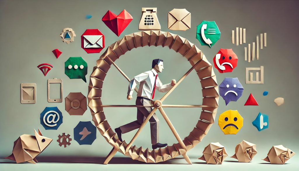 Cette illustration issue de Pixabay, UrbanOrigami, montre un homme marchant dans une roue tel un hamster, entouré d'émoticônes et de symboles de communication. Il est observé par un hamster et devancé par 3 petits hamsters. Tout est réalisé en origami. Elle illustre l'hyperconnexion dans la partie consacrée aux risques pour la démocratie. 